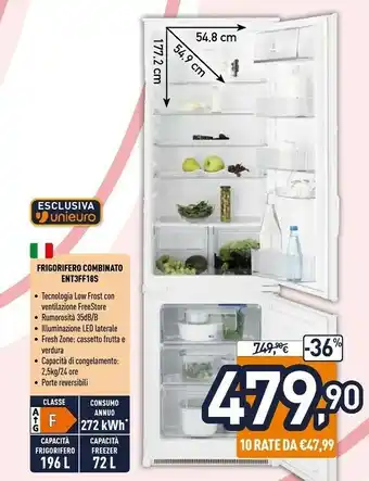 Unieuro Ent3ff18s frigorifero con congelatore da incasso 267 l f bianco offerta