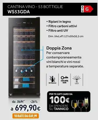 Unieuro Wine bank 50 serie 3 ws53gda(uk) cantinetta vino con compressore libera installazione nero 53 bottiglia/bottiglie offerta