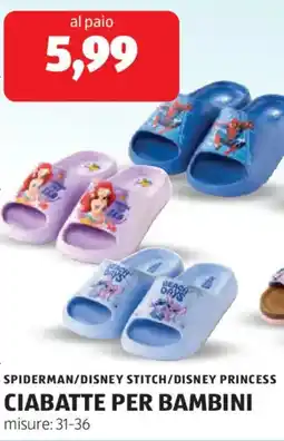 ALDI Spiderman/disney stitch/disney princess ciabatte per bambini offerta