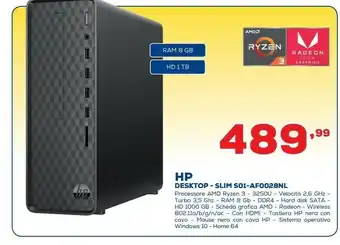 Euronics Slim desktop s01-af0028nl ddr4-sdram 3250u mini tower amd ryzen 3 8 gb 1000 gb hdd windows 10 home pc nero offerta