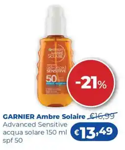 Acqua & Sapone GARNIER Ambre Solaire Advanced Sensitive acqua solare spf 50 offerta