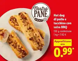 Lidl Nostro Pane Hot dog di pollo e tacchino con salsa BBQ offerta