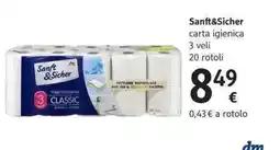 dm drogerie markt Sanft&Sicher carta igienica 3 veli 20 rotoli offerta