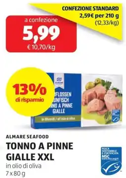 ALDI Almare seafood tonno a pinne gialle xxl in olio di oliva offerta
