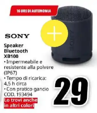 MediaWorld SONY Speaker Bluetooth XB100 offerta