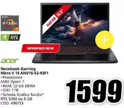 MediaWorld acer Notebook Gaming Nitro V 15 ANV15-52-92F1 offerta