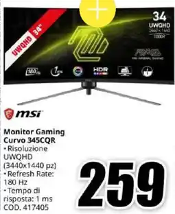 MediaWorld msi Monitor Gaming Curvo 345CQR offerta