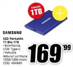 MediaWorld SAMSUNG SSD Portatile T7 Blu 1TB offerta