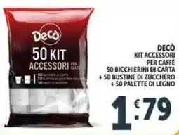 Deco Supermercati Decò kit accessori per caffe 50 bicchierini di carta +50 bustine di zucchero +50 palette di legno offerta