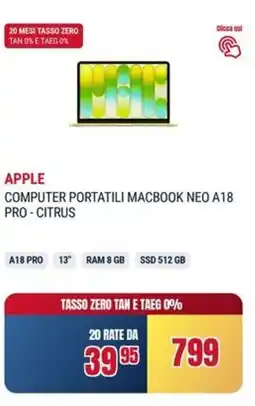 Trony Apple computer portatili macbook neo A18 pro-citrus offerta