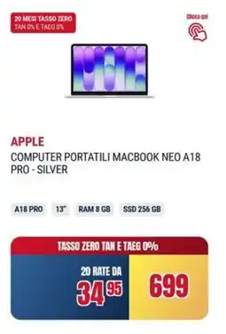 Trony Apple computer portatili macbook neo A18 pro-silver offerta