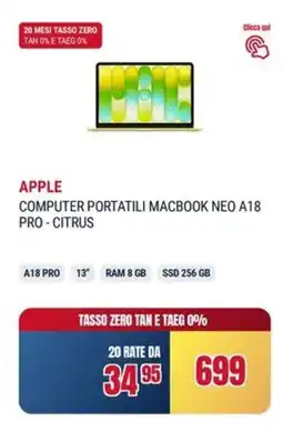 Trony Apple computer portatili macbook neo A18 pro-citrus offerta