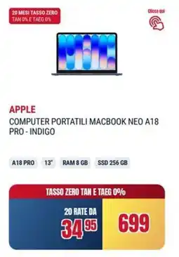 Trony Apple computer portatili macbook neo A18 pro-indigo offerta