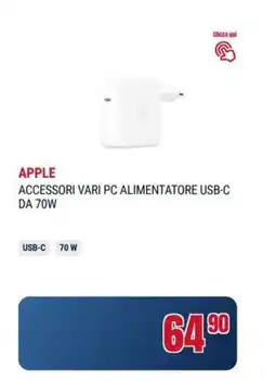 Trony Apple accessori vari pc alimentatore usb-c da 70W offerta