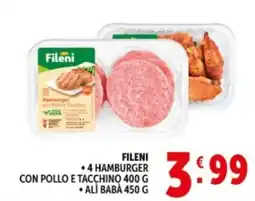 Deco Supermercati Fileni, 4 hamburger con pollo e tacchino, ali baba offerta