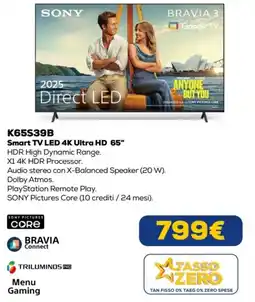 Euronics SONY K65S39B Smart TV LED 4K Ultra HD 65" offerta