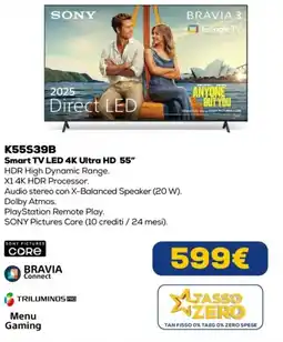 Euronics SONY K55S39B Smart TV LED 4K Ultra HD 55" offerta
