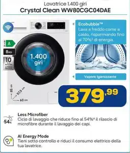 Euronics SAMSUNG Lavatrice 1.400 giri Crystal Clean WW80CGC04DAE offerta
