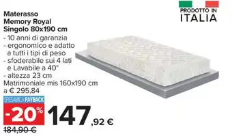 Carrefour Materasso Memory Royal Singolo 80x190 cm offerta