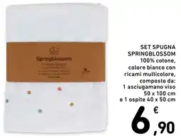 Spazio Conad SET SPUGNA SPRINGBLOSSOM 100% cotone, colore bianco con ricami multicolore, composto da: 1 asciugamano viso e 1 ospite offerta