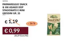 Prezzemolo e Vitale Parmareggio snack & vai asiago dop stagionato e mini grissini offerta