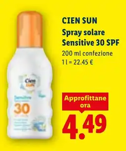 Lidl CIEN SUN Spray solare Sensitive 30 SPF offerta
