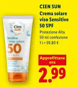 Lidl CIEN SUN Crema solare viso Sensitive 50 SPF offerta