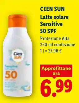 Lidl CIEN SUN Latte solare Sensitive 50 SPF offerta