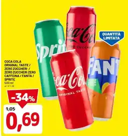 DPiù Coca cola original taste/ zero zuccheri / zero zuccheri zero caffeina/fanta/ sprite offerta