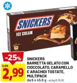 DPiù Snickers barretta gelato con cioccolato, caramello e arachidi tostate, multipack offerta