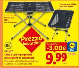 Lidl CRIVIT Sedia o tavolo pieghevole ultraleggero da campeggio offerta