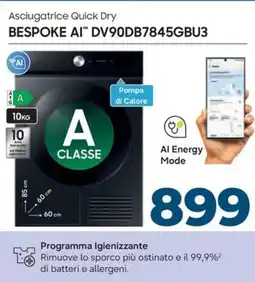 Sinergy SAMSUNG Asciugatrice Quick Dry BESPOKE AI DV90DB7845GBU3 offerta