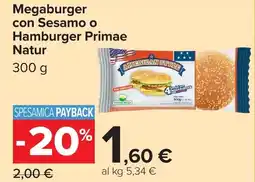 Carrefour Megaburger con Sesamo o Hamburger Primae Natur offerta