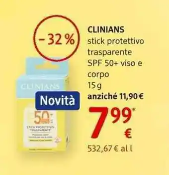 CLINIANS stick protettivo trasparente SPF 50+ viso e corpo