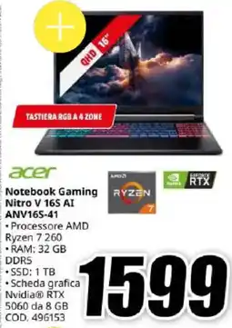 MediaWorld acer Notebook Gaming RYZEN Nitro V 16S AI offerta