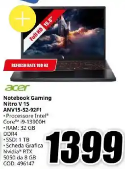 MediaWorld acer Notebook Gaming Nitro V 15 offerta