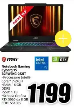 MediaWorld msi Notebook Gaming Cyborg 15 B2RWEKG-082IT offerta