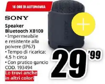 MediaWorld SONY Speaker Bluetooth XB100 offerta