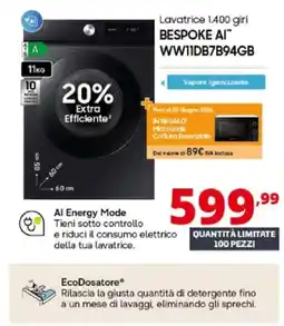Comet SAMSUNG BESPOKE AI WW11DB7B94GB offerta