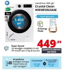 Comet SAMSUNG Lavatrice 1.400 giri Crystal Clean WW10FG5U34AE offerta