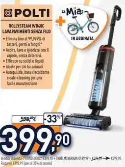 Unieuro POLTI ROLLYSTEAM WD40C LAVAPAVIMENTI SENZA FILO offerta
