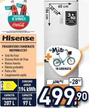Unieuro Hisense FRIGORIFERO COMBINATO RB390N4CCD1 offerta