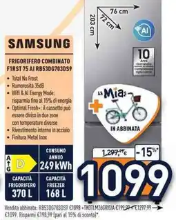 Unieuro SAMSUNG FRIGORIFERO COMBINATO F1RST 75 AI RB53DG703DS9 offerta