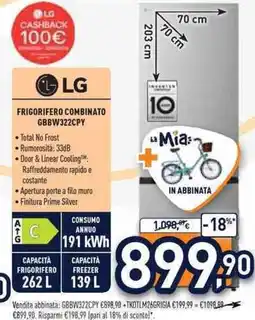 Unieuro LG FRIGORIFERO COMBINATO GBBW322CPY offerta