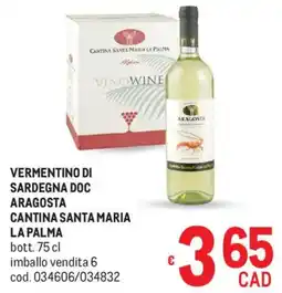 Metro Vermentino di sardegna doc aragosta cantina santa maria LA PALMA offerta