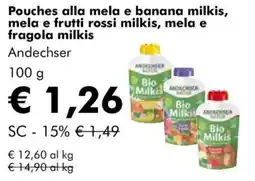 NaturaSì Pouches alla mela e banana milkis, mela e frutti rossi milkis, mela e fragola milkis Andechser offerta