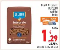 Conad Pasta Integrale De Cecco offerta
