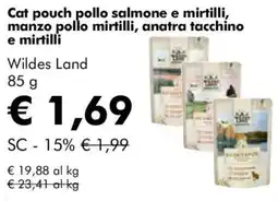 NaturaSì Cat pouch pollo salmone e mirtilli, manzo pollo mirtilli, anatra tacchino e mirtilli Wildes Land offerta