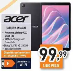 Unieuro acer TABLET ICONIA A10 offerta