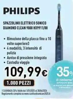 Unieuro Philips spazzolino elettrico sonico diamond clean 9000 HX9911/88 offerta